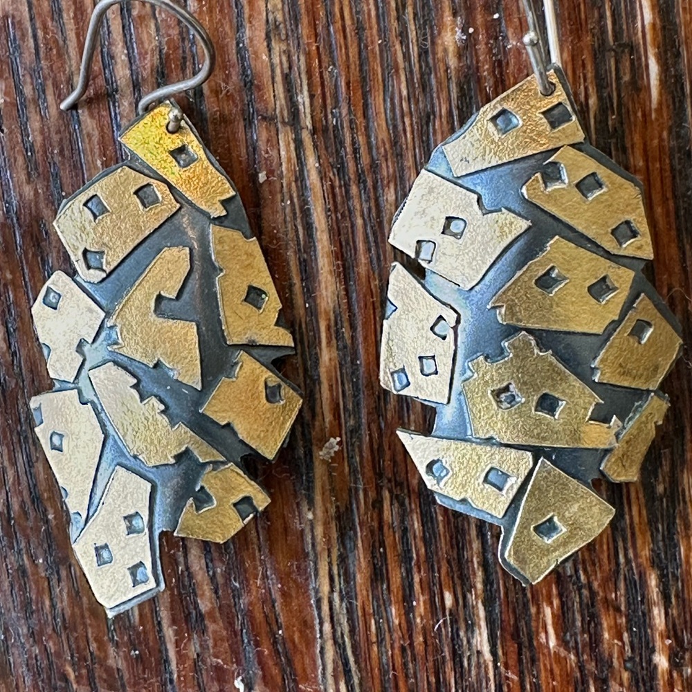 Hand Crafted Gold and Black Mosaic Drop Earrings